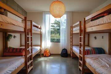  Hostel dormitory with four wooden bunk beds, white sheets, colorful blankets, backpacks near lockers, large windows with sheer curtains, pendant lights casting warm glow.