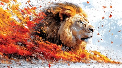 Naklejka premium A majestic lion bursts with flames and falling autumn leaves
