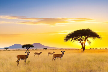 Fototapeta premium A beautiful African savanna landscape at sunset, with graceful antelopes grazing in the distance. The warm glow of the sunset contrasts beautifully with the vast landscape.