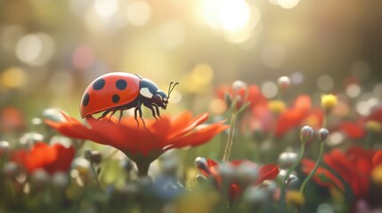 Beautiful cute ladybug with flower in Spring.