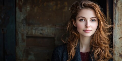 Fototapeta premium Portrait of a Young Woman with Long Hair Against a Rustic Background
