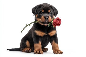 Cute Rottweiler puppy sitting on a white background, holding a red rose in its mouth, looking charming and affectionate.

