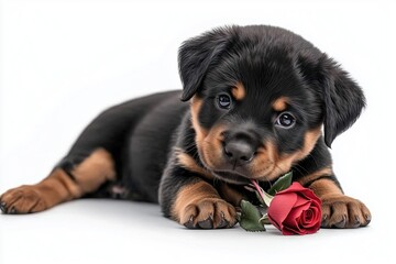 Obraz premium Cute Rottweiler puppy lying on a white background with a red rose, looking innocent and playful.
