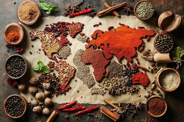 World map made from colorful spices and seeds on parchment paper, rustic wooden background, culinary design, global food culture, creative visual art.
