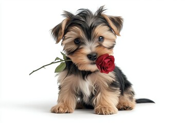 Adorable Yorkshire Terrier puppy sitting with a red rose in its mouth, looking cute and charming on a white background.

