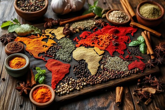 Fototapeta  World map created from colorful spices and herbs on rustic wooden background, artistic culinary design, cultural diversity, vibrant food-themed artwork.