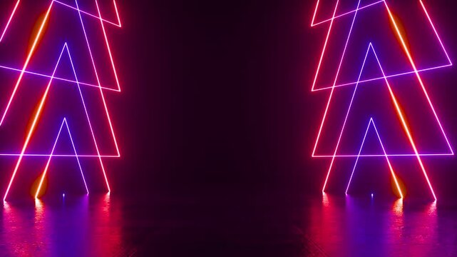 owing neon geometric shapes rotating on reflective black surfaces with copy space in seamless loops.