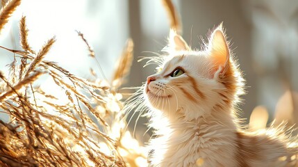 A beautiful kitten looking up next to some dry plants