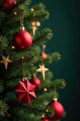 Naklejka premium Ornate red star ornaments adorn a lush green Christmas tree , green, holiday season, christmas tree ornament