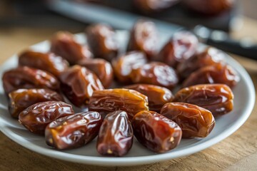 A close-up of brown dates on a plate