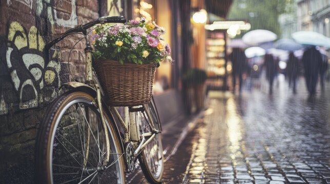 A picturesque vintage-style bicycle with a wicker basket full of fresh flowers stands against a red brick wall on a rainy city street. 