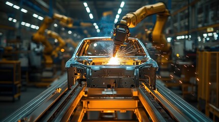 Fototapeta premium Robotic arms welding car body on assembly line with flying sparks, modern factory interior, advanced manufacturing, automated process, blue-lit workspace.