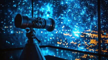 Stargazing through telescope with vibrant night sky and city lights