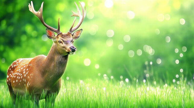 A close-up of a majestic deer grazing in a meadow with a bright green background. This serene wildlife scene conveys peace and the beauty of nature.