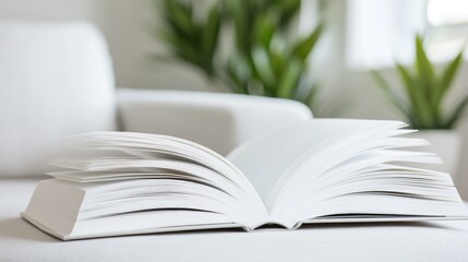 Open book on white sofa, plants in background, relaxed reading