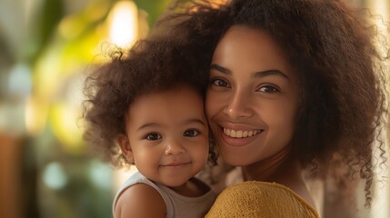Smiling mother holds her joyful child in a warm indoor setting