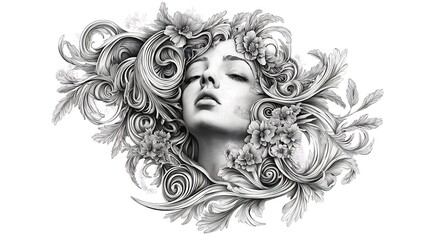 Captivating floral woman with intricate hair and flowing elements captured in exquisite black and white detail