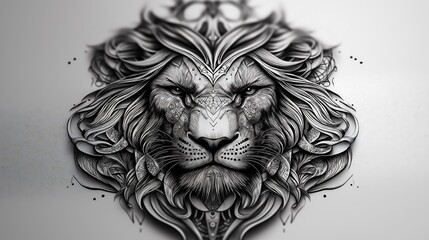 Detailed illustration of a lion’s head surrounded by intricate floral patterns and shapes in black and white