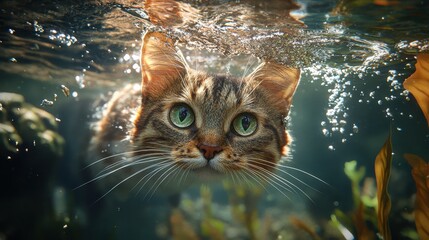 Tabby cat swimming underwater with curious expression and whiskers visible