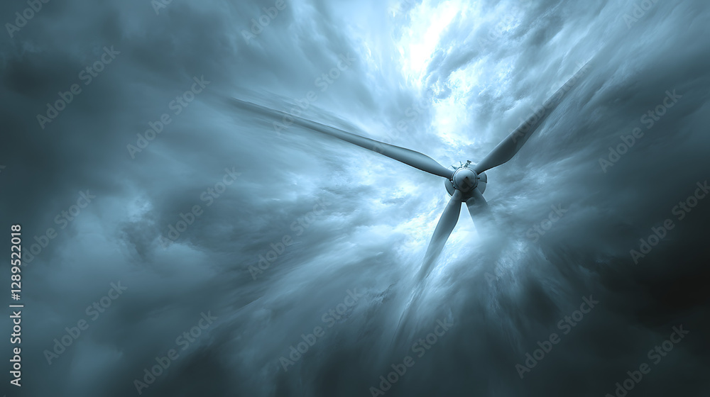 Wall mural a dynamic image showing wind turbines spinning rapidly under fast-moving storm clouds.