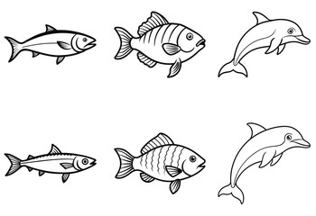 tuna, tilapia, dolphin fish line art vector on white background, fish bundle.
