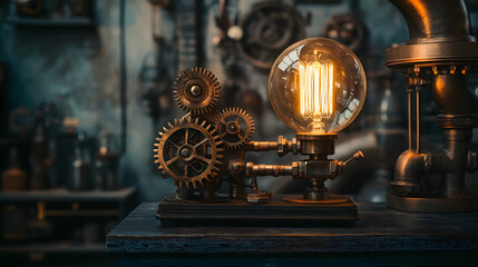 A steampunk-style lamp with gears pipes and an Edison bulb sitting on a dark wooden table.