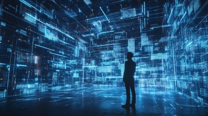 Obraz premium Abstract digital space, person contemplating, futuristic environment, use for technology, business, or creativity