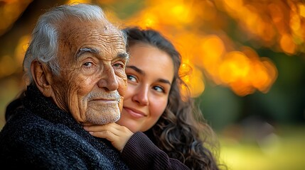 Elderly man and young woman embracing outdoors, autumn park, connection, compassion, meaningful moment, image for social media, stock photo