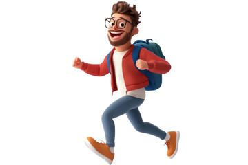 3D cartoon character of a smiling young man running with a backpack isolated on transparent png background