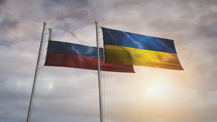 Ukraine and Russia waving flags 3d illustration