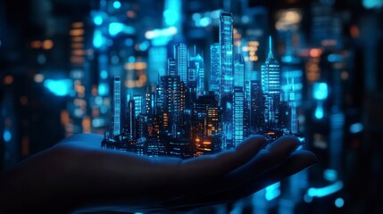 City model held in hand, futuristic night cityscape background, digital art, possible use in tech presentations