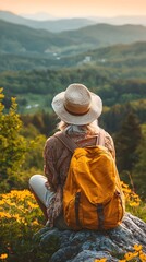 Fototapeta premium Senior woman tourist enjoys breathtaking mountain views during hiking trip. Generative AI