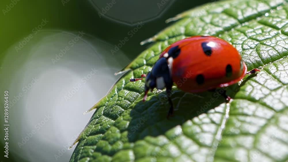 Poster close-up video of a ladybug on a leaf, showcasing vibrant colors and textures. shot from a macro ang