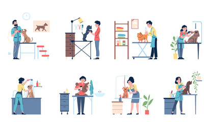 Fototapeta premium Grooming salon scenes. Professional groomers working with dogs, fluffy pets bathing and cutting. Groom time for cute animals, hygiene recent vector concept