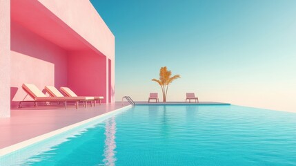 Obraz premium Serene pink poolside with minimalist design and palm tree under clear sky