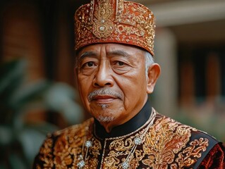 Obraz premium Elderly Man in Ornate Headdress and Robe, Cultural Heritage