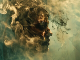 Woman's face covered in smoke