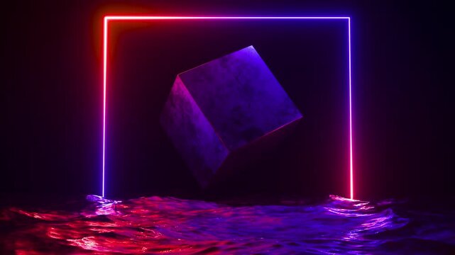 owing neon geometric shapes rotating on reflective black surfaces with copy space in seamless loops.