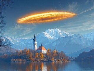 Fototapeta premium Church, Mountains, Lake: Autumn's Fiery Sky Phenomenon