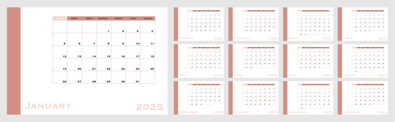 Vector illustration. Calendar for 2025. Week starts on Sunday. Calendar ready for printing. Has 12 months. Stationery design concept.