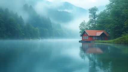 foggy morning and house on the lak