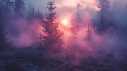 fog  and sunrise in the forest
