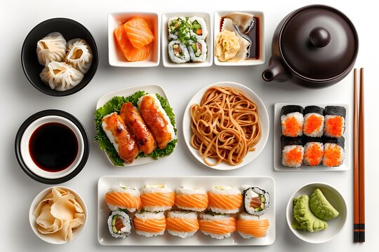 Assorted Japanese Sushi and Asian Cuisine Flatlay, 
Top-down view of assorted Japanese food including sushi rolls, noodles, dumplings, and sides, perfect for restaurant menus or blogs.
 - Powered by Adobe