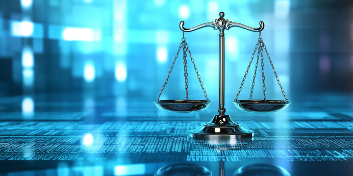 Bascula de justicia en centro de datos. Concepto de derecho digital de dualidad del Poder Judicial, Jurisprudencia y Justicia y datos en el mundo moderno