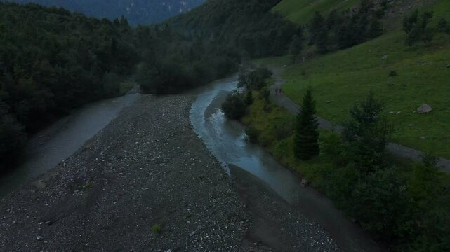 Le Giffre River in Sixt Fer A Cheval Nature Park, Summer Morning Walk in Nature park, french alps, France, 4k drone video