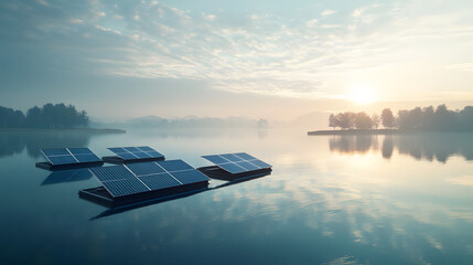 A futuristic concept of floating solar panels on a calm lake with reflections on the water.