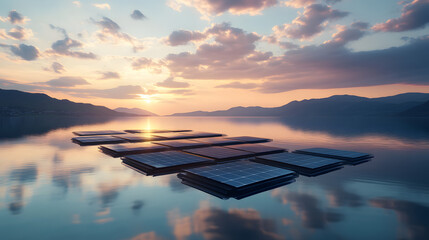 A futuristic concept of floating solar panels on a calm lake with reflections on the water.