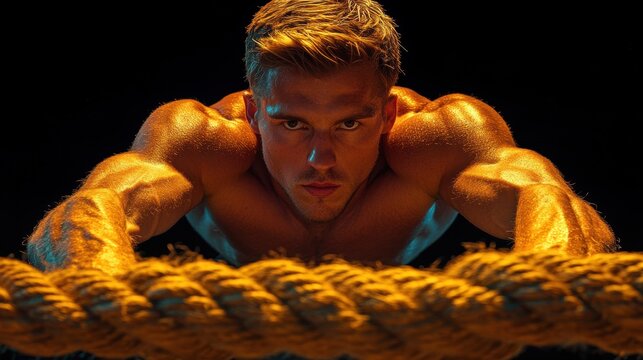 Intense young caucasian male athlete engaged in battle rope workout