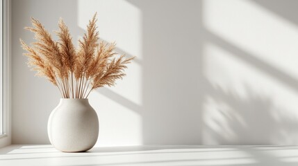Sunlit pampas grass in minimalist ceramic vase on white interior windowsill