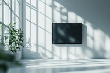 Fototapeta premium An elegant black flat-screen TV is mounted on a wall in a spacious, bright room filled with natural light and greenery